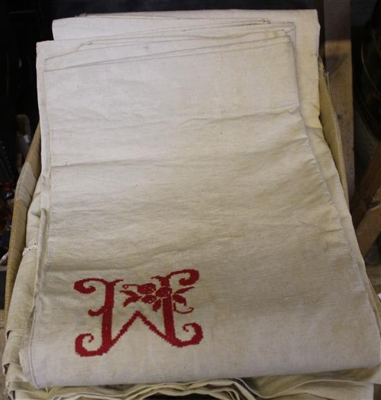 6 coarse French Provincial linen sheets with red monograms